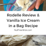 collage of frozen ice cream being scooped from a bag and ice cream in a bag Rodelle Review & Vanilla Ice Cream in a Bag Recipe