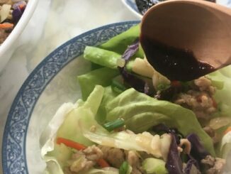 Asian Chicken Lettue Wraps are ready to eat with a little dab of hoisin sauce!
