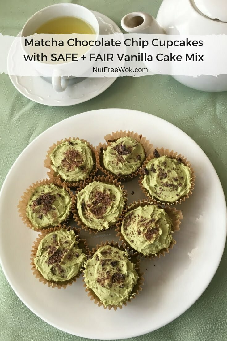A plate of Matcha Chocolate Chip Cupcakes with a cup of green tea and a teapot