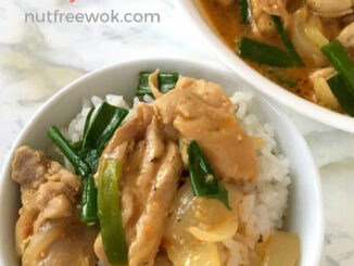 Delicious Thai Red Curry Chicken is ready to eat with a bowl of steaming hot rice #nutfree