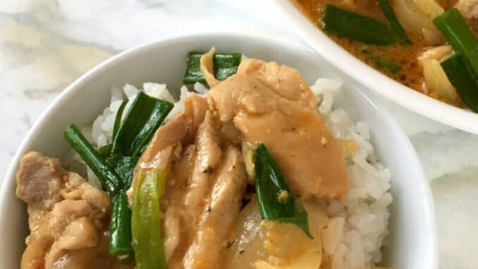Thai Red Curry Chicken Delicious Thai Red Curry Chicken is ready to eat with a bowl of steaming hot rice #nutfree
