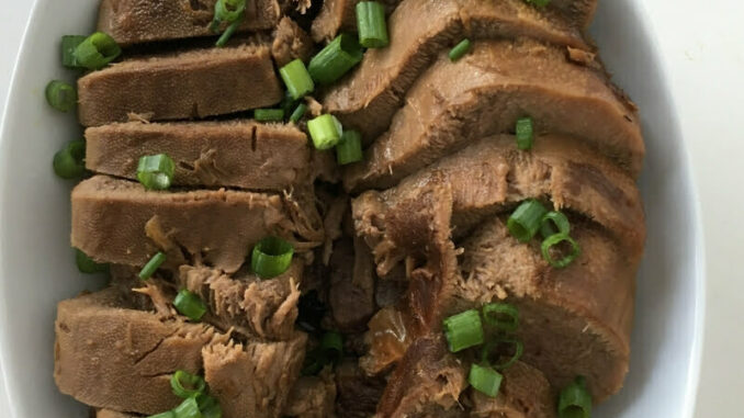 Instant Pot Beef Tongue and Soy-Free Soy Sauce 2.0 Recipe Instant Pot Beef Tongue, sliced, arranged, and ready to serve with a drizzle of soy-free soy sauce!