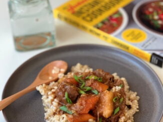 Japanese Beef Curry served over rice and The Gluten Free Instant Pot Cookbook Review by Nut Free Wok