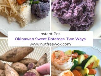Collage: mashed sweet potatoes, raw sweet potoates, and serving ideas